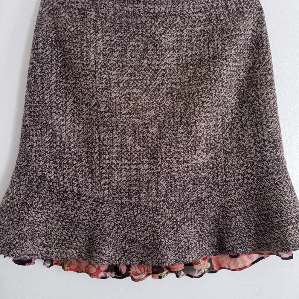 LOFT Brown and Cream Fully-Lined Ruffled A-Line Mini Skirt